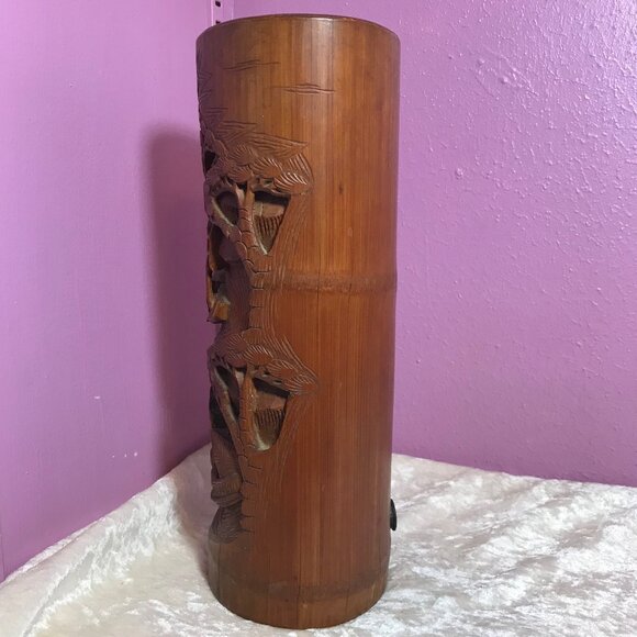 Vintage MCM Mid-Century Modern Wood Lamp * Hand Carved Fishing Water Boat Trees - Picture 7 of 13